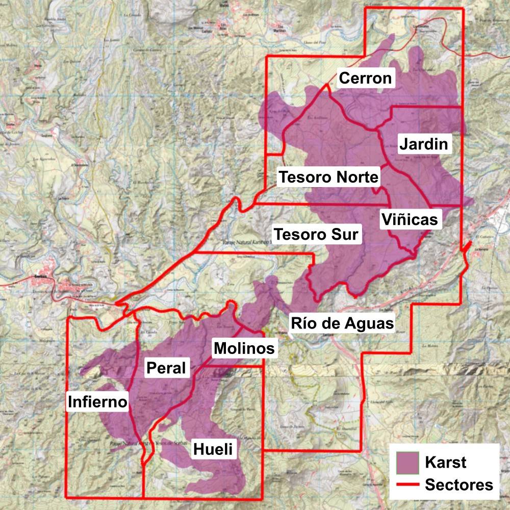 Mapa del karst de Sorbas dividido en diez sectores y zonas, delimitados por elementos naturales, senderos y caminos