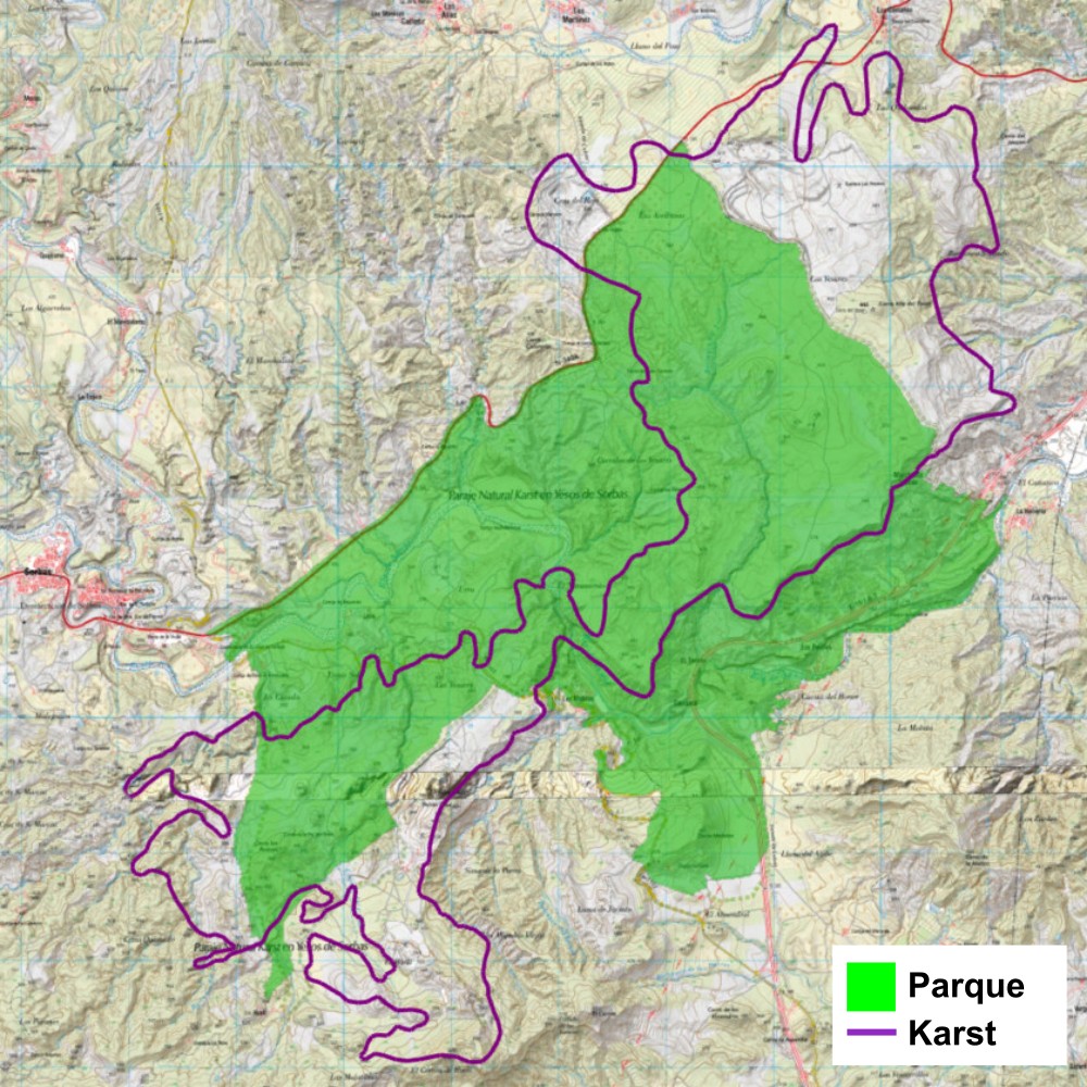 Mapa del Karst de Sorbas dentro del Paraje Natural Karst en Yesos de Sorbas, espacio natural protegido en Almería